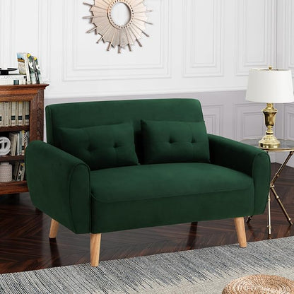 Shintenchi 48'' Loveseat Sofa, Mid-Century Modern Upholstered Couch Deep Seat with 2 Pillows, 10" Thick Cushion with Spring, Solid Wood Frame Small Couch for Living Room, Dorms & Office, Green
