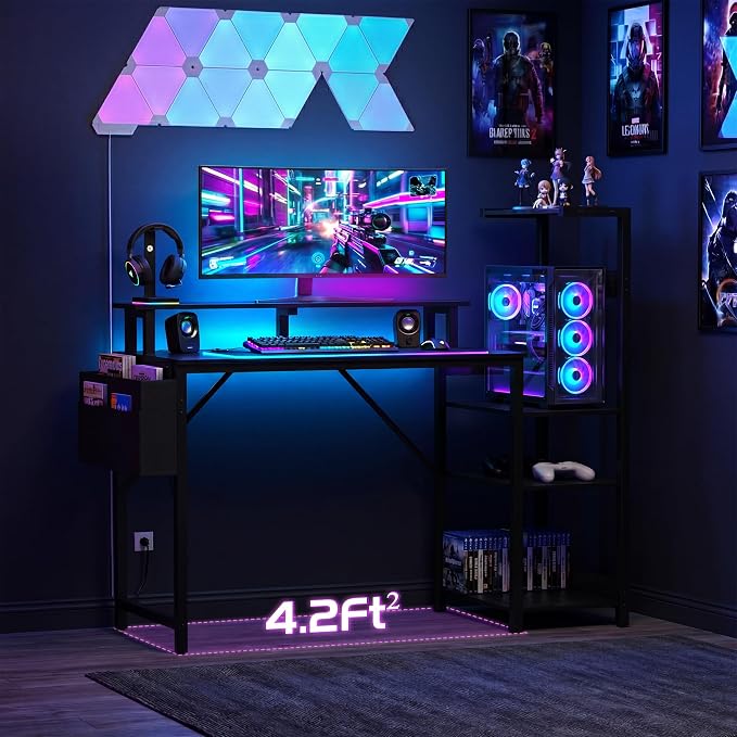 Apicizon 43 Inch Gaming Desk with LED Setup Style, Computer Desk with Storage Shelves & Monitor Stand, Reversible Workstation for Small Space, Home Office Desk Black