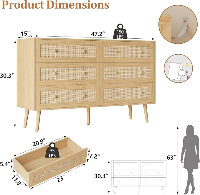 Rattan 6 Drawer Dresser for Bedroom, 47.3" Wide Dresser Chest of Drawers, Boho Wood Dresser TV Stand with Wood Handles, Storage Dressers Closet Organizer for Living Room Hallway, Natural Oak