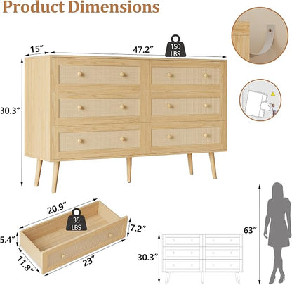 Rattan 6 Drawer Dresser for Bedroom, 47.3" Wide Dresser Chest of Drawers, Boho Wood Dresser TV Stand with Wood Handles, Storage Dressers Closet Organizer for Living Room Hallway, Natural Oak