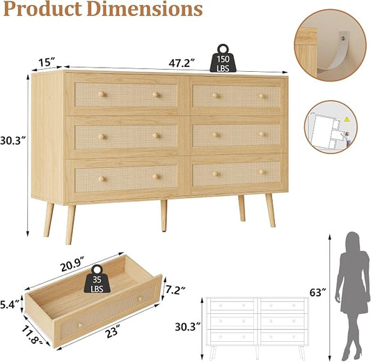Rattan 6 Drawer Dresser for Bedroom, 47.3" Wide Dresser Chest of Drawers, Boho Wood Dresser TV Stand with Wood Handles, Storage Dressers Closet Organizer for Living Room Hallway, Natural Oak