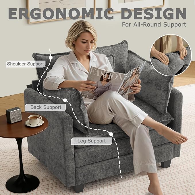 Modular Sectional Sofa Cloud Couch, Deep Seat Washable Chenille Fabric Sofa with Throw Pillows, Singel Seat Modern Couches for Living Room Bedroom Apartment, Grey