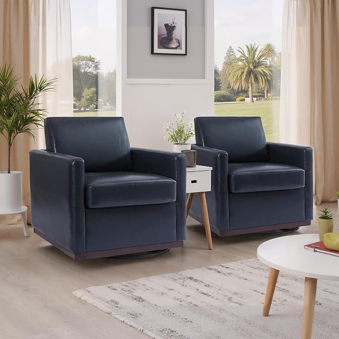 360° Swivel Accent Chairs Set of 2, 31" Wide Faux Leather Upholstered Club Armchairs for Living Room, Comfy Square Swivel Barrel Chair with Metal Base, Navy