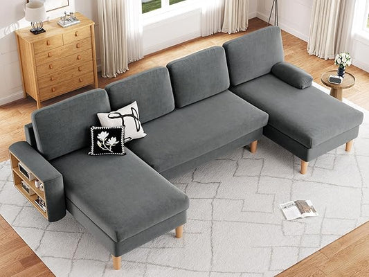 YITAHOME 109" U-Shaped Couch, 4-Seat Cloud Sofa with Dual Chaise Lounges, Storage Armrest, Cup Holder & Thick Cushions for Living Room