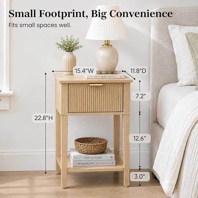 Natural Oak 15" Wide Small Nightstand with Drawer, Open Shelf, Fluted | Light oak tone, ribbed fluted front, 11.8-inch slim depth, concealed storage, airy fit for bedside, sofa side, or chair side