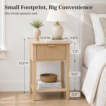 Natural Oak 15" Wide Small Nightstand with Drawer, Open Shelf, Fluted | Light oak tone, ribbed fluted front, 11.8-inch slim depth, concealed storage, airy fit for bedside, sofa side, or chair side