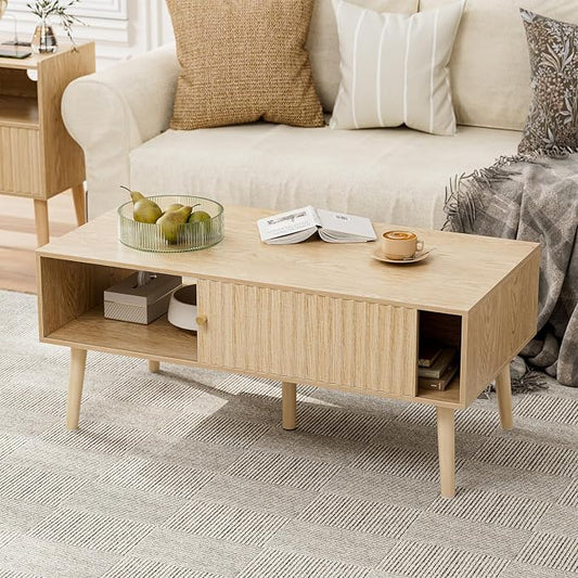 LCRBOL Coffee Table with Fluted Sliding Door, Modern, Natural | 39.3"L x 19.7"W x 17.1"H, double-sided sliding door & open shelf (7.5" clearance), golden knob, 5 tapered legs