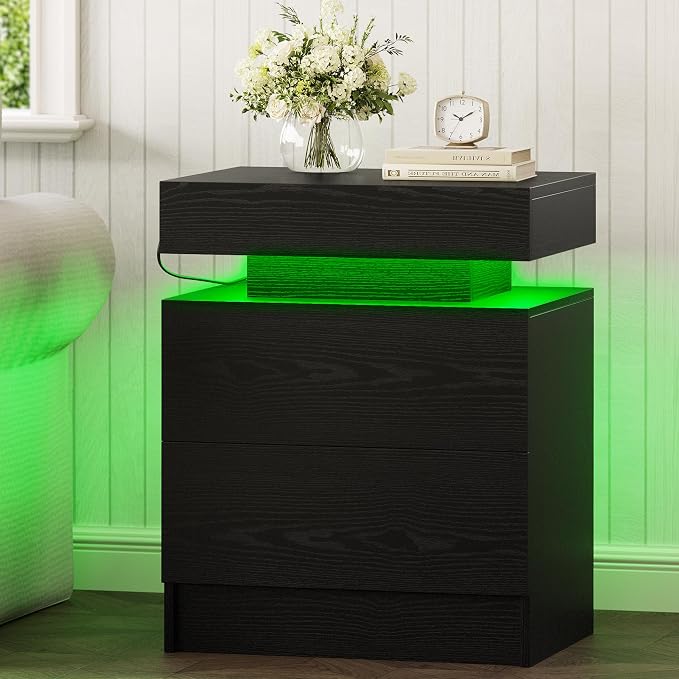 LIKIMIO Nightstand Set of 2 with Charging Station LED Light 2 Drawers Black | set of 2; bedside table; end table; charging station; LED light; 2 drawers; black wood grain; small space