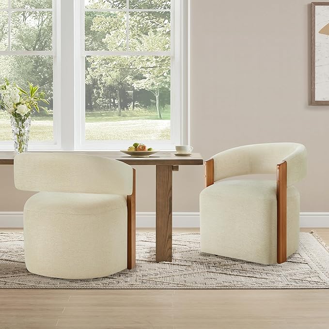 KISLOT Upholstered Dining Chairs Set of 2, Barrel Modern Dining Room Chairs with Casters, Kitchen Side Wooden Armchair with Fabric Cushion Seat for Bedroom, Livingroom, Reading Room, Sand, 2 Boxs