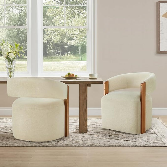KISLOT Upholstered Dining Chairs Set of 2, Barrel Modern Dining Room Chairs with Casters, Kitchen Side Wooden Armchair with Fabric Cushion Seat for Bedroom, Livingroom, Reading Room, Sand, 2 Boxs