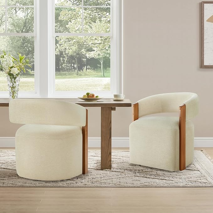 KISLOT Upholstered Dining Chair Set of 1, Barrel Modern Dining Room Chair with Casters, Kitchen Side Wooden Armchair with Fabric Cushion Seat for Bedroom, Livingroom, Reading Room, Sand, 1 Box