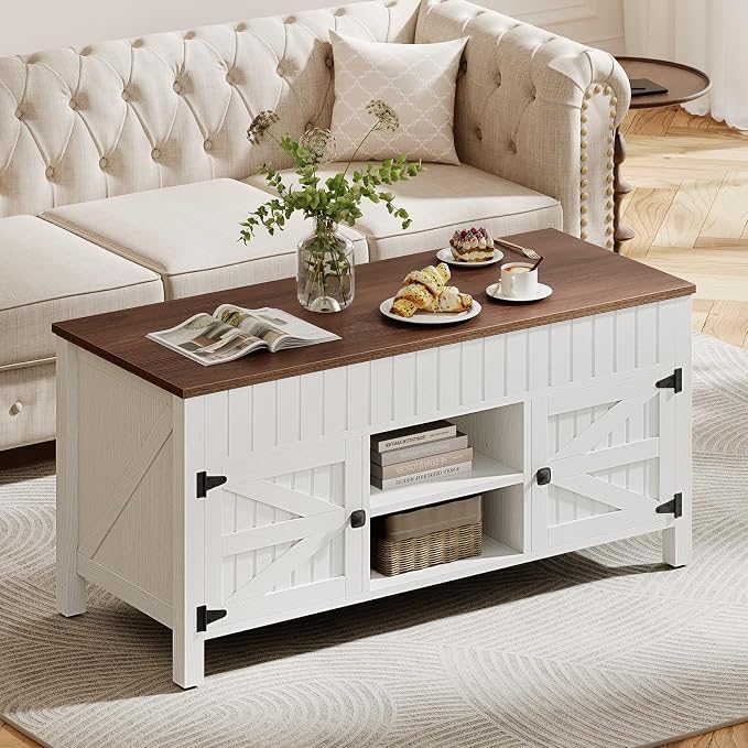 47.3“ Lift Top Coffee Table with Storage - White Coffee Tables for Living Room, Farmhouse Wood Center Table, Large Rectangle Middle Tables with Hidden Compartment & Adjustable Shelf