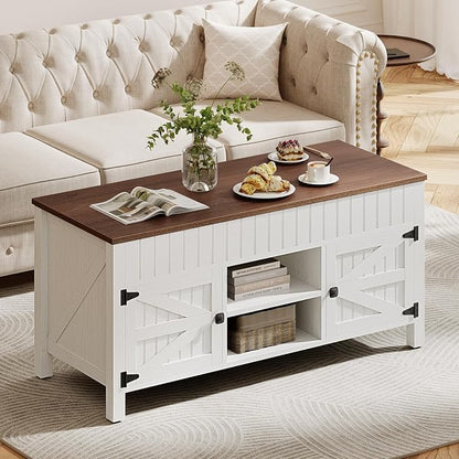 47.3“ Lift Top Coffee Table with Storage - White Coffee Tables for Living Room, Farmhouse Wood Center Table, Large Rectangle Middle Tables with Hidden Compartment & Adjustable Shelf