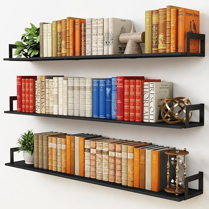 Harwaya 48 Inch Floating Shelves for Wall Set of 3, Long Wall Book Shelves for Bedroom Living Room, Large Vintage Floating Bookshelf for Office Classroom Library Kitchen Closet Organizer (Black)