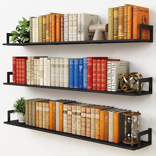 Harwaya 48 Inch Floating Shelves for Wall Set of 3, Long Wall Book Shelves for Bedroom Living Room, Large Vintage Floating Bookshelf for Office Classroom Library Kitchen Closet Organizer (Black)