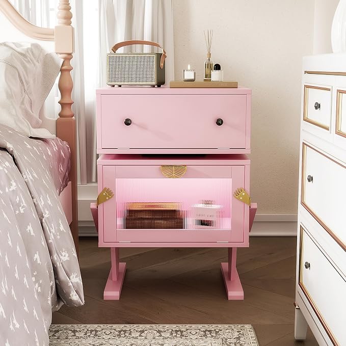 RoyalCraft Nightstand with LED Light Strips, Pink End Table with 360° Rotating Drawer, Modern Bedside Table with Glass Door Storage, Wood Night Stand Cabinet for Bedroom, Home Office, Pink