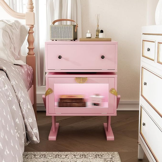 RoyalCraft Nightstand with LED Light Strips, Pink End Table with 360° Rotating Drawer, Modern Bedside Table with Glass Door Storage, Wood Night Stand Cabinet for Bedroom, Home Office, Pink