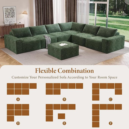 Vesgantti 143.7" Oversized Boneless Couch, Modern 7 Seater Modular Sectional Sofa with Deep Seat, Convertible Chenille Cloud Couches for Living Room, No Assembly Required, Green