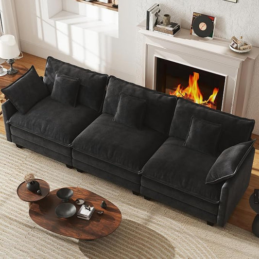 WorthFurni 111.4” Cloud Couch, Modular Sectional Sofa, Comfy Modern 3-Seater Couches with Pillows & Upholstered Deep Seat Cushion for Living Room Apartment Bedroom (Black)