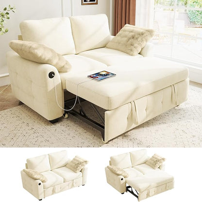Ihanherry 59-inch Convertible Sofa Bed, Pull Out Sleeper with USB Port & Wide Armrests, 2-in-1 Chenille Fabric Loveseat with 2 Pillows, Space-Saving for Small Apartment, Living Room, Bedroom（Beige）