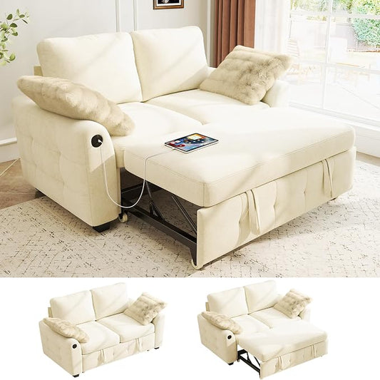 Ihanherry 59-inch Convertible Sofa Bed, Pull Out Sleeper with USB Port & Wide Armrests, 2-in-1 Chenille Fabric Loveseat with 2 Pillows, Space-Saving for Small Apartment, Living Room, Bedroom（Beige）