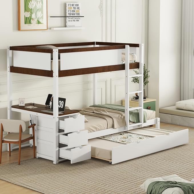 Harper & Bright Designs Twin Over Twin Bunk Bed Twin Size Trundle, Wood Twin Bunk Bed with USB Ports, Storage and Desk, White+Walnut