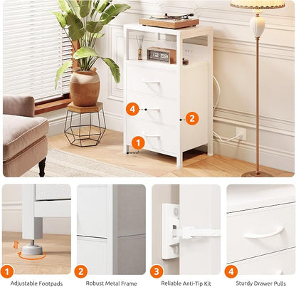 Lazzanto NightStand Bedside Charging Table Bedroom - White Night Stand with Charger Station, USB-C USB Ports & AC Outlets for Dorm, Modern End Table with Open Shelf & 3 Fabric Drawers