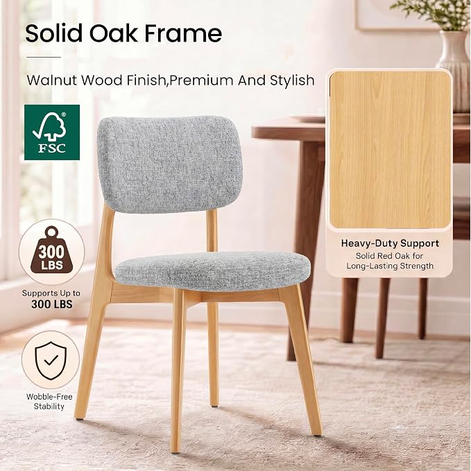 COLAMY Dining Chairs Set of 2, Modern Upholstered Kitchen Room Chairs with Solid Natural Oak Wood Legs, 5-Min Easy Assembly Anti-Wobble, High-Weight Fabric Farmhouse Side Chair, 300lbs,Oak,LightGrey