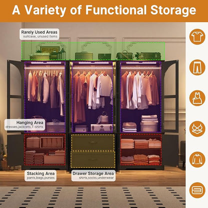 Tall Farmhouse 6 Doors Armoire Wardrobe Closet with LED ,72" Freestanding Arched Wardrobe Closet Cabinet for Bedroom w Glass Doors/Drawers,Wooden Clothing Storage Cabinet,Closets for Bedroom(Black)