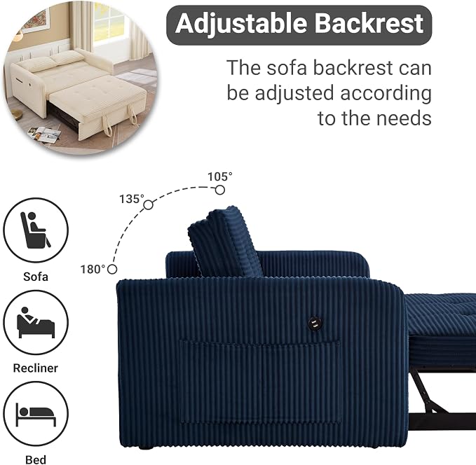 55.5" Corduroy Convertible Sofa Bed, Pull Out Sleeper Sofa Bed, Loveseat Couch with USB Charging Ports, 3 in 1 Convertible Sleeper Sofa Bed for Living Room, Apartment, Bedroom, RV, Blue
