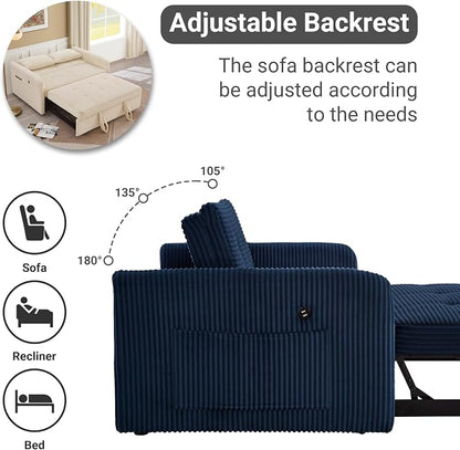 55.5" Corduroy Convertible Sofa Bed, Pull Out Sleeper Sofa Bed, Loveseat Couch with USB Charging Ports, 3 in 1 Convertible Sleeper Sofa Bed for Living Room, Apartment, Bedroom, RV, Blue