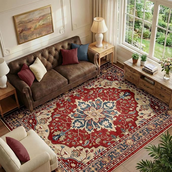 RELEANY Area Rugs 6'x8' Washable Non-Slip, Floral Vintage Distress Medallion Carpet for Living Room Bedroom Dining Room, Red Blue