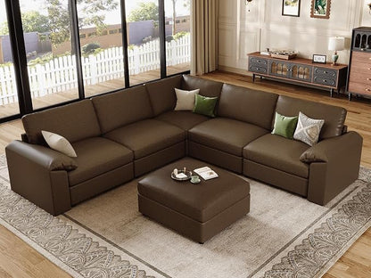 EASE MOOSE Oversized Modular Sectional Couch with Ottoman, Vintage Faux Leather Sectional Sofa with Deep Seat, Scratch Resistant Faux Leather Material, Extra Large L Shaped Couch,Deep Brown