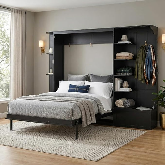 Murphy Bed Queen Size,Murphy Bed with Storage & Lights,Wall Bedframe w/Hidden Fold-Out Legs & Built-in Shelves & Cabinets，Hook,Space-Saving,Black