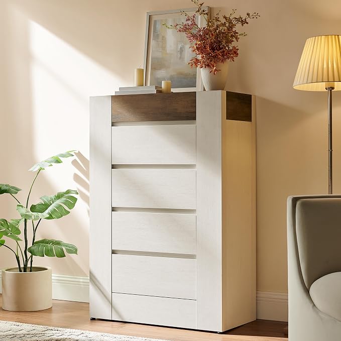 OKD 5 Drawer Dresser for Bedroom, 48" Tall Dresser Chest of Drawers with Thick Wood Design, Handleless, Modern Bedroom Dresser, Storage Organizer for Living Room/Entryway, Antique White