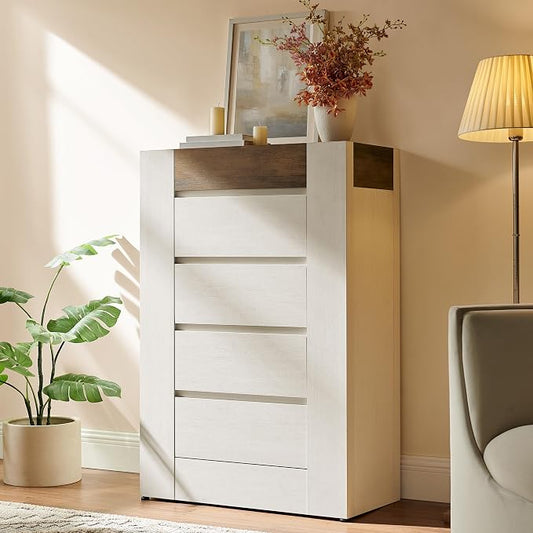 OKD 5 Drawer Dresser for Bedroom, 48" Tall Dresser Chest of Drawers with Thick Wood Design, Handleless, Modern Bedroom Dresser, Storage Organizer for Living Room/Entryway, Antique White