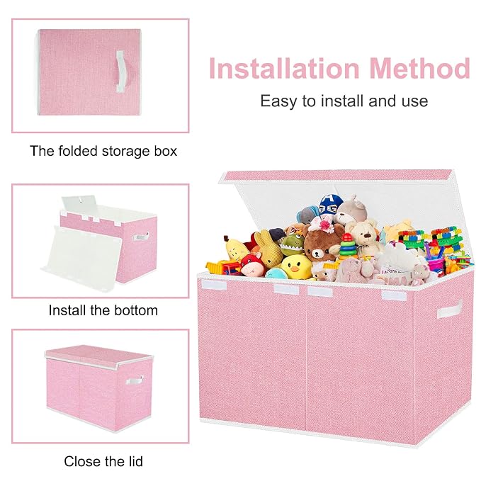 Pantryily Toy Storage Box for Girls, Large Kids Toy Chest Boxes Organizers and Storage with Lids & Handles for Nursery,Playroom 24.5"x13"x16"(Pink)