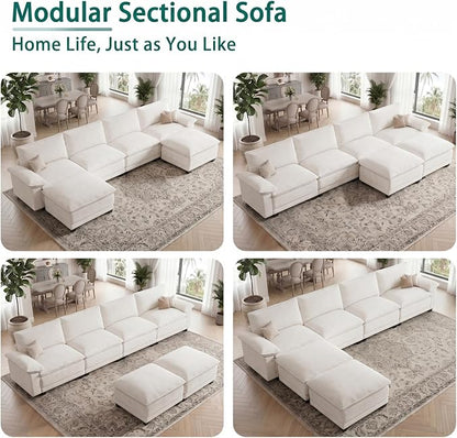 Modern U Shaped Sofa Couches for Living Room, Modular Sectional Cloud Couch with Movable Ottoman, Comfy Chenille Sofa for Apartment and Small Space, Beige