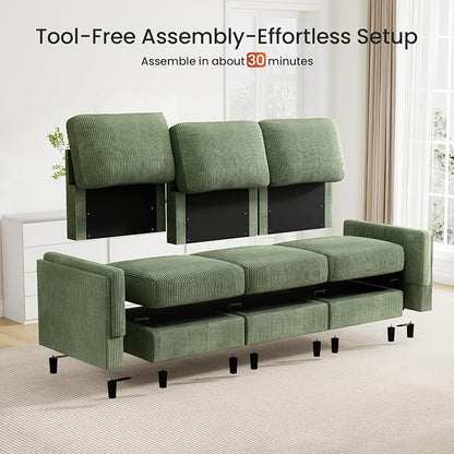 KKL 3 Seat 83‘’ Sofa Couch for Living Room - Modular Sectional Small Couch with Storage Ottoman, Convertible L Shaped for Living Room, Modern Reversible Design (Green, 3 Seat Sofa)