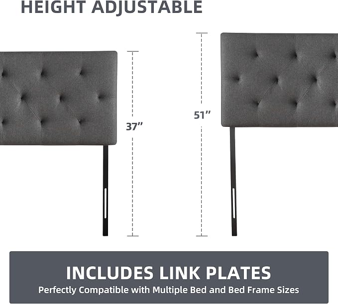Linen Headboard Full Size, Adjustable Height Headboard 37-51 in, Dark Gray | Diamond Tufting Solid Wood Full XL Headboards Only, Durable Metal Legs, Upholstered Full Head Board Bed Frame, Modern Fabric