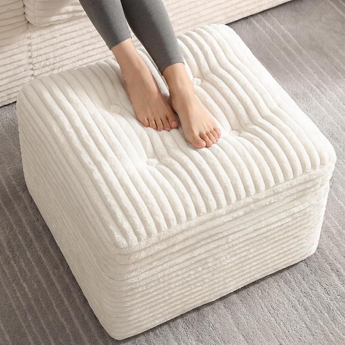 23.6in Pouf Ottoman, Corduroy Ottoman Foot Rest with Dual‑Layer Support, Large Poofy Pouf with Soft Chunk‑Foam Top & Firm Foam Base, Floor Foot Stool for Living Room, Beige