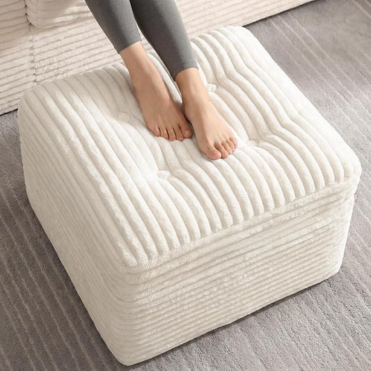 23.6in Pouf Ottoman, Corduroy Ottoman Foot Rest with Dual‑Layer Support, Large Poofy Pouf with Soft Chunk‑Foam Top & Firm Foam Base, Floor Foot Stool for Living Room, Beige