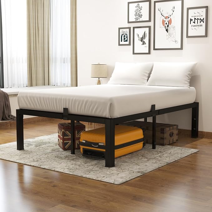 yookare Calking Platform Bed Frame,14" Heavy Duty Metal Mattress Foundation, Rounded Safety Corners & Recessed Legs,Mattress Retainers,Easy Assembly,Noise Free Steel Slat Support,No Box Spring Needed