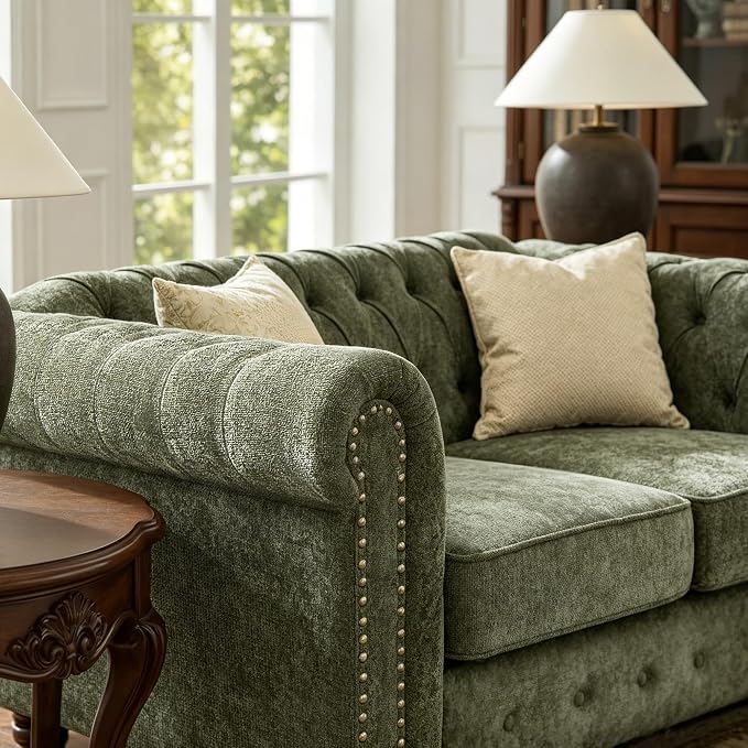 Modern Chesterfield 2-Piece Chenille Sofa & Loveseat Combo, Tufted Couch and Love Seat with Rolled Arms Nailhead Trim and Solid Wood Legs Traditional Upholstered Sofa Set for Living Room Home Green