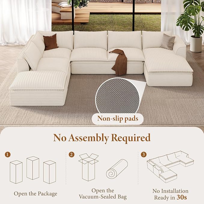 Vesgantti 141.7" U Shaped Sectional Boneless Couch, Modern 6 Seater Modular Sofa with Chaise & Ottoman, Deep Seat Plush Corduroy Cloud Couches for Living Room, No Assembly Required, Beige