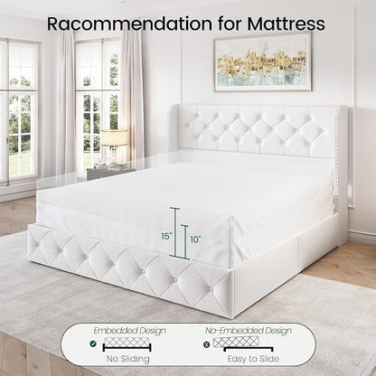 LARMACE Queen Size Bed Frame with 4 Storage Drawers and 47.2" Tall Wingback Headboard Velvet Upholstered Platform Bed Frame Tufted Beds with Wooden Slats Support, Easy Assembly, White