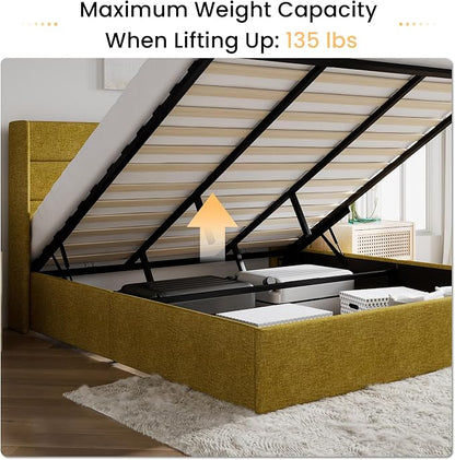 SHA CERLIN King Size Lift Up Storage Bed/Modern Wingback Headboard/Upholstered Platform Bed Frame/Hydraulic Storage/No Box Spring Needed/Wood Slats Support/Olive Yellow