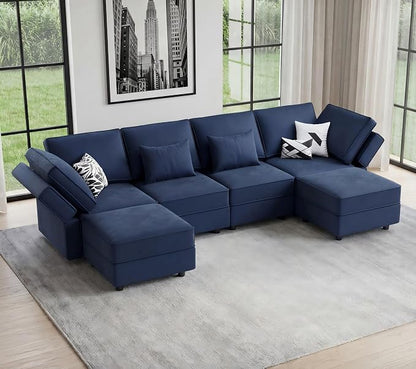 Vesgantti Sectional Couches with Storage Seats, 118" L Shaped Convertible Modular Sectional Sofa, 4 Seat & 2 Ottomans Velvet Storage Chaises Deep Seat Couch for Living Room, Bedroom, Apartment, Blue