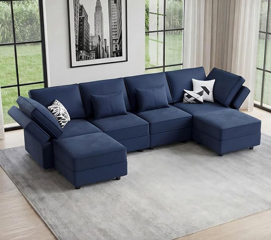 Vesgantti Sectional Couches with Storage Seats, 118" L Shaped Convertible Modular Sectional Sofa, 4 Seat & 2 Ottomans Velvet Storage Chaises Deep Seat Couch for Living Room, Bedroom, Apartment, Blue