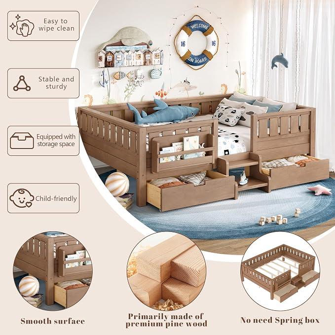 Bellemave Full Floor Bed with Stairs, Rails and Slats, Full Size Montessori Floor Bed with Bookshelf and 2 Storage Drawers, Easy Assemble Montessori Beds Frame for Girls, Boys, Natural
